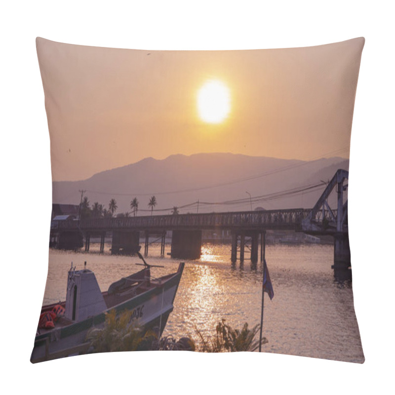 Personality  Sunset Landscape With Still River And Distant Mountains. Romantic Sunset In Tropical Country. Urban Bridge And Bay With Old Ship. Orange Skyscape With Urban Landscape. Cambodia Travel Photo Pillow Covers