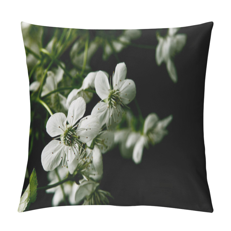 Personality  Close-up Shot Of White Cherry Blossom Isolated On Black Pillow Covers