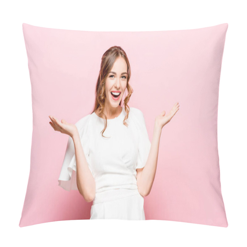 Personality  Beautiful Woman Looking Suprised Isolated On Pink Pillow Covers