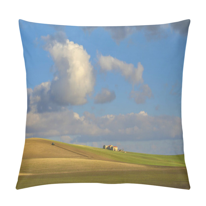 Personality   HILLY RURAL LANDSCAPE .Between Apulia And Basilicata. Agriculture Field With Tractor Dominated By Clouds. -ITALY-  Pillow Covers