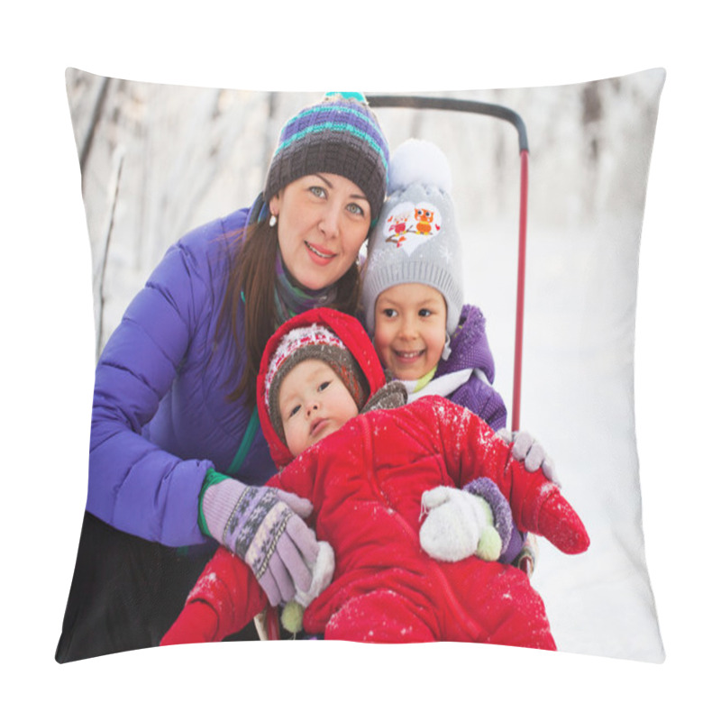 Personality  Family Having Fun In Snowy Woodland Pillow Covers