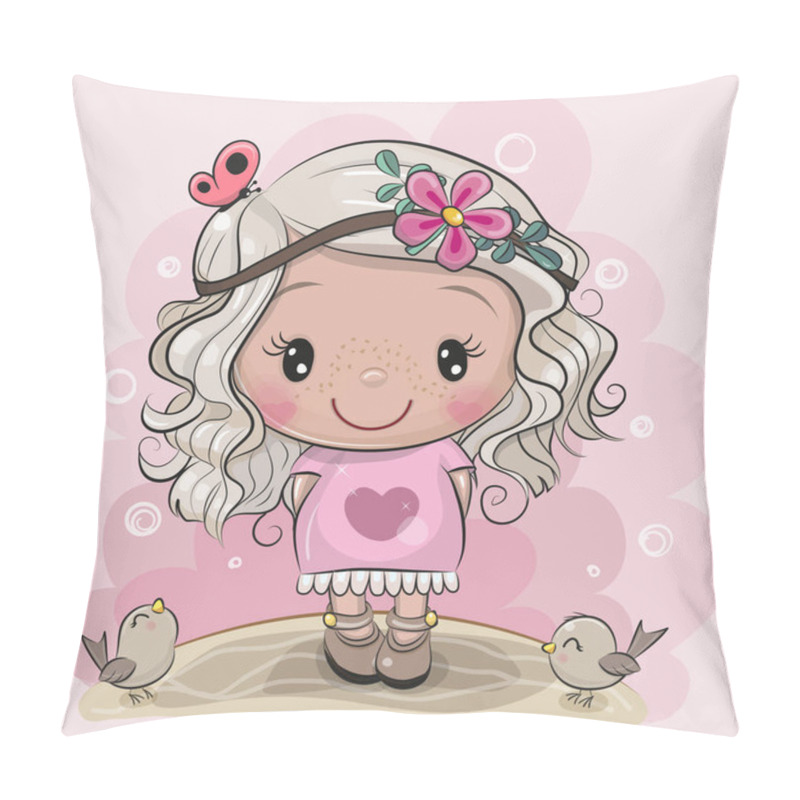 Personality  Cute Cartoon Girl With Butterflies And Birds On The Meadow  Pillow Covers