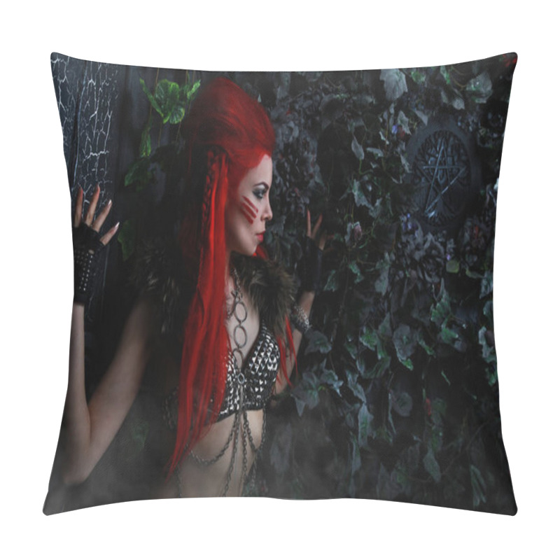 Personality  Beautiful Redhead Woman Warrior Near The Dark Gothic Huge Gates Pillow Covers