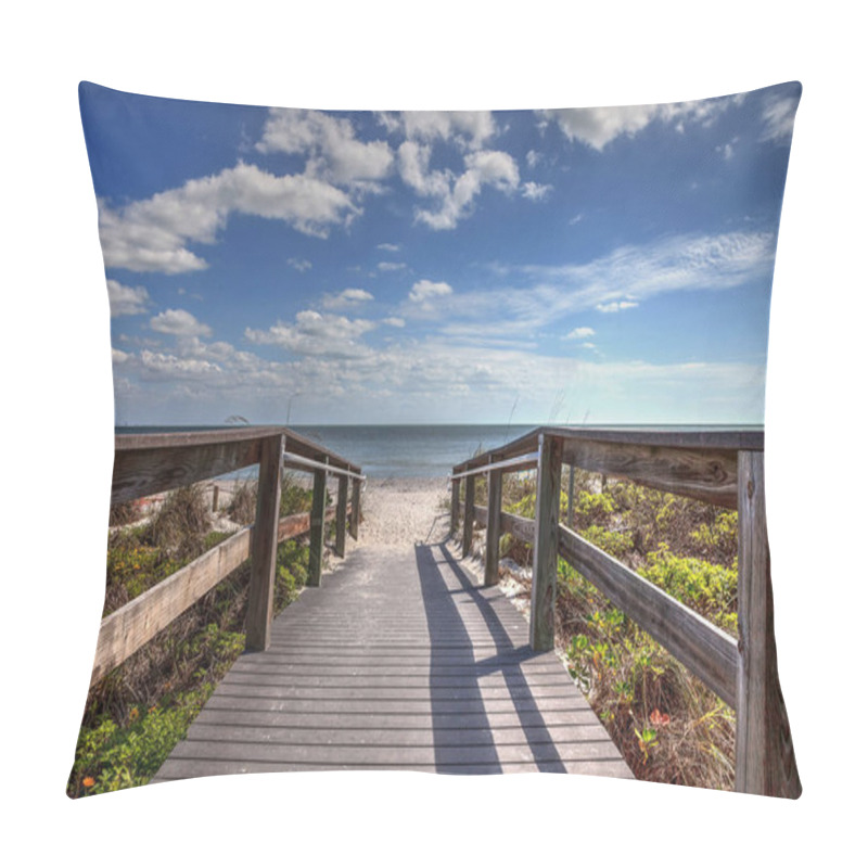 Personality  Boardwalk Leading To Lighthouse Beach Park In Sanibel, Florida Under A Blue Sky. Pillow Covers