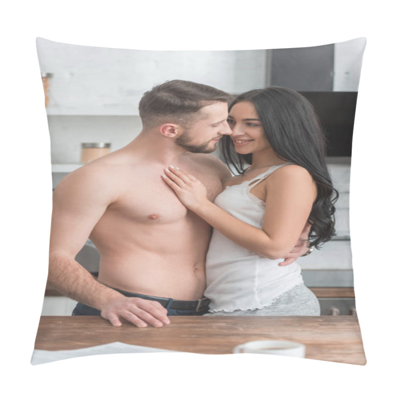 Personality  Happy Woman Hugging Handsome Shirtless Boyfriend While Standing In Kitchen  Pillow Covers