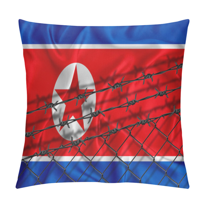 Personality  North Korea Flag Development, Fence Mesh And Barbed Wire. Emigrants Isolation Concept. With Place For Your Text. Pillow Covers