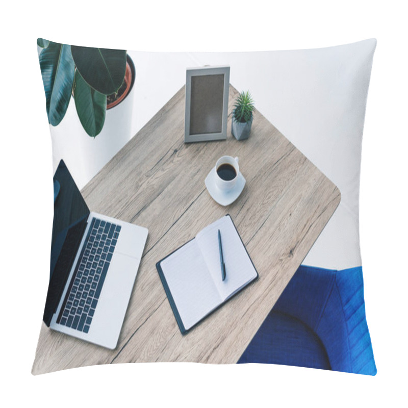 Personality  Elevated View Of Laptop With Blank Screen, Empty Textbook, Photo Frame, Potted Plant And Coffee Cup On Table  Pillow Covers