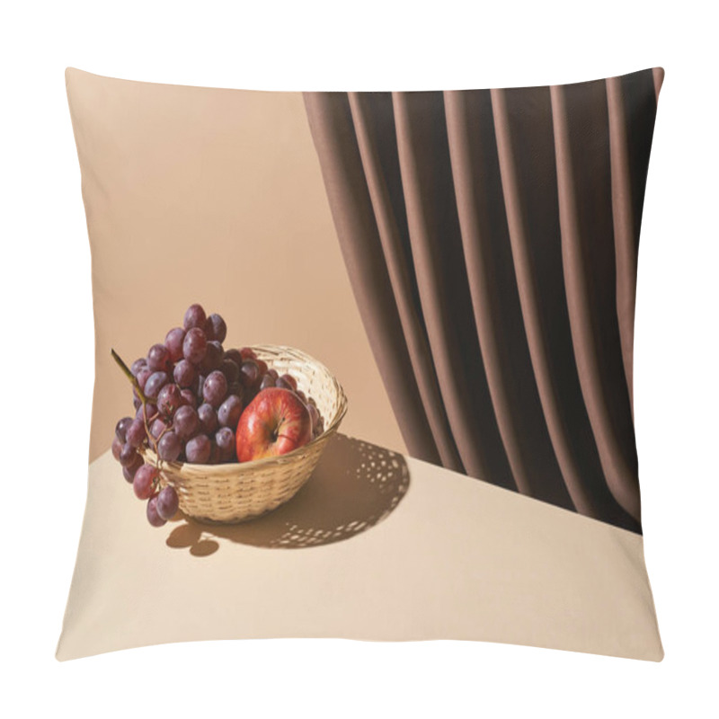 Personality  Classic Still Life With Pomegranate And Grape In Wicker Basket On Table Near Curtain Isolated On Beige Pillow Covers