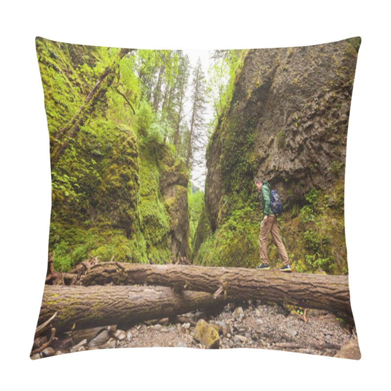 Personality  Adventure Man Hiking With Backpack, Walking In Oneonta Gorge, Outdoor Lifestyle Pillow Covers