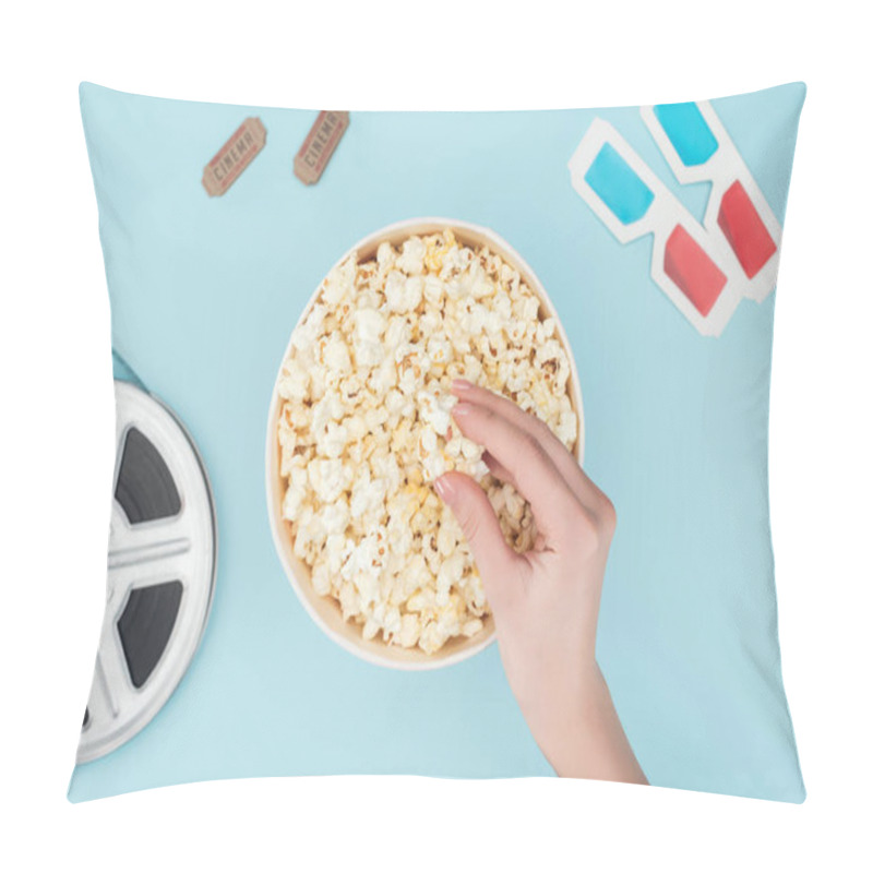 Personality  Top View Of Film Reel, 3d Glasses, Cinema Tickets And Hand Taking Popcorn From Bucket Isolated On Blue Pillow Covers