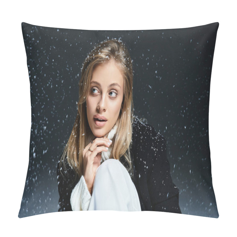 Personality  A Beautiful Young Woman Gazes Thoughtfully As Snow Gently Falls Around Her In The Dark. Pillow Covers