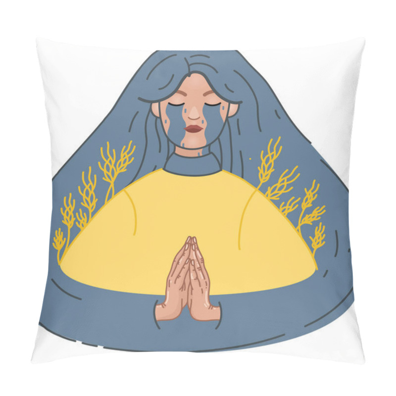 Personality  Illustration Of Crying Ukrainian Woman Praying With Closed Eyes On White Pillow Covers