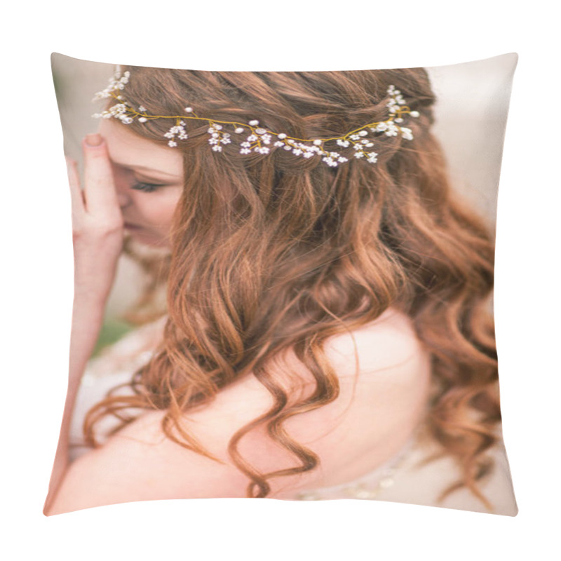 Personality  Outdoors Portrait Of Beautiful Woman With Red Hair And Bright Ma Pillow Covers