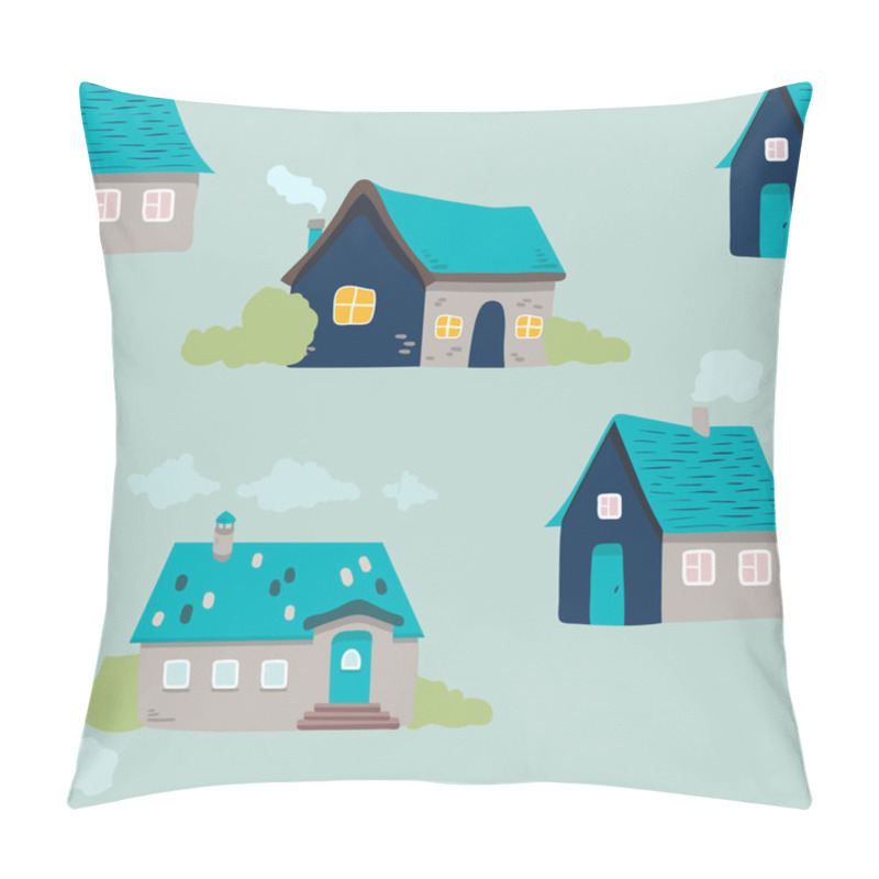 Personality  Hand Drawn Doodle House Background. Vector Seamless Pattern. Cute Houses On Blue. Illustration. Textured Background For Poster, Card Textile, Wallpaper Template Pillow Covers