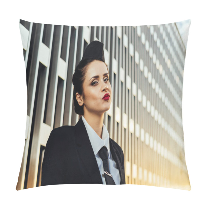 Personality  Beautiful Young Woman Stewardess With Red Lipstick And In Shape Waiting For Her Flight Pillow Covers