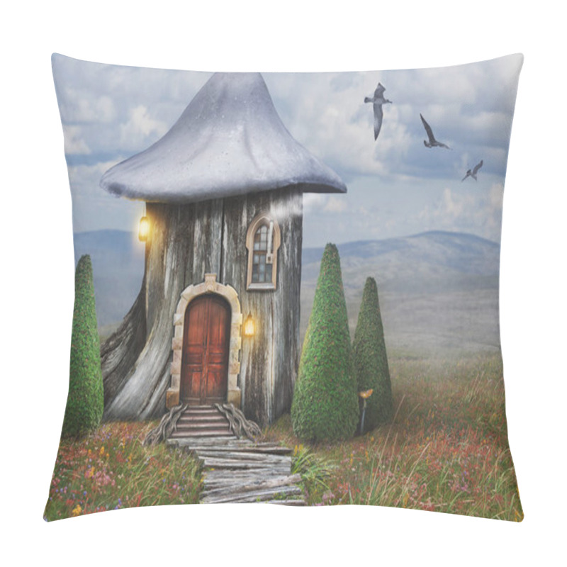 Personality  Fairy Tree House With Mushroom Hat And Old Door On Fantasy Landscape Pillow Covers