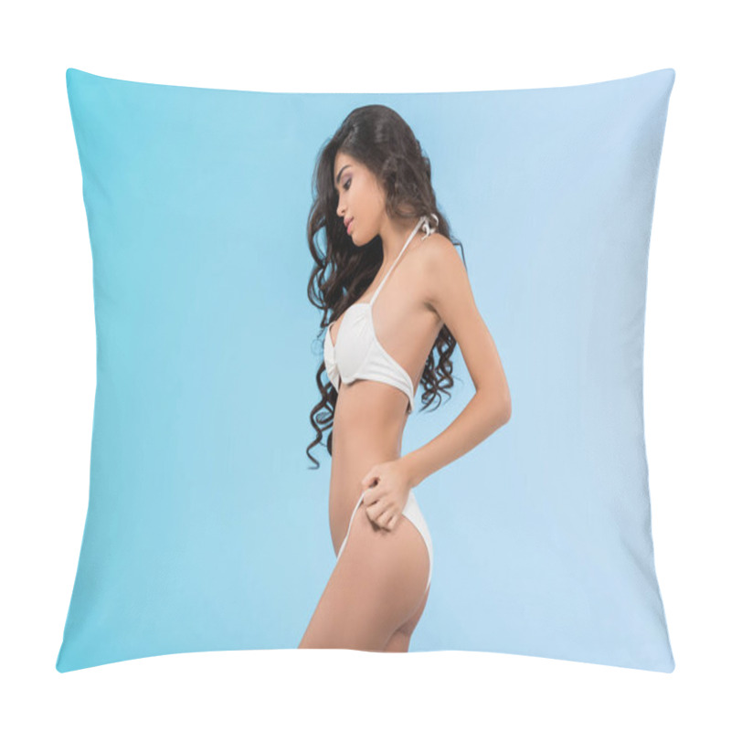 Personality  Brunette Slim Girl Posing In White Swimsuit, Isolated On Blue Pillow Covers