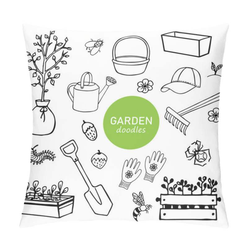 Personality  Black-white Set Of Garden Hand-drawn Doodle Elements, Tools, Plants, Insects. Vector Elements For Printing, Textile, Design, Logo. Pillow Covers