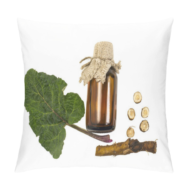 Personality  Burdock (Arctium Lappa), Root And Leaves, Burdock Oil In Bottle Isolated On White. Medicinal Plant Burdock Is Used In Herbal Medicine And Cosmetology. Treatment And Hair Care Pillow Covers