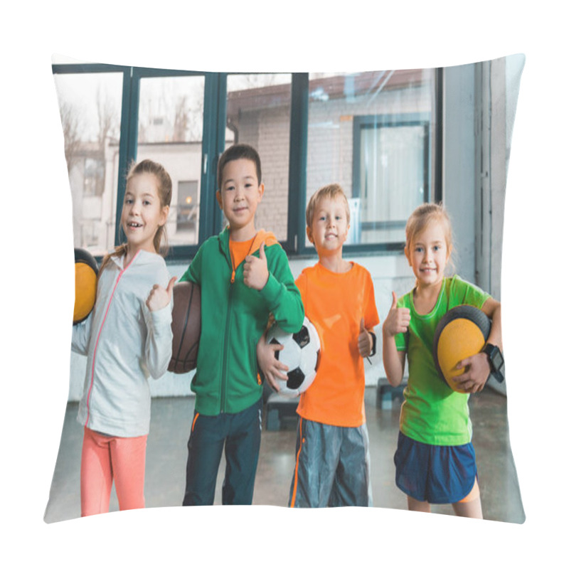 Personality  Front View Of Happy Multicultural Children Holding Balls In Gym Pillow Covers