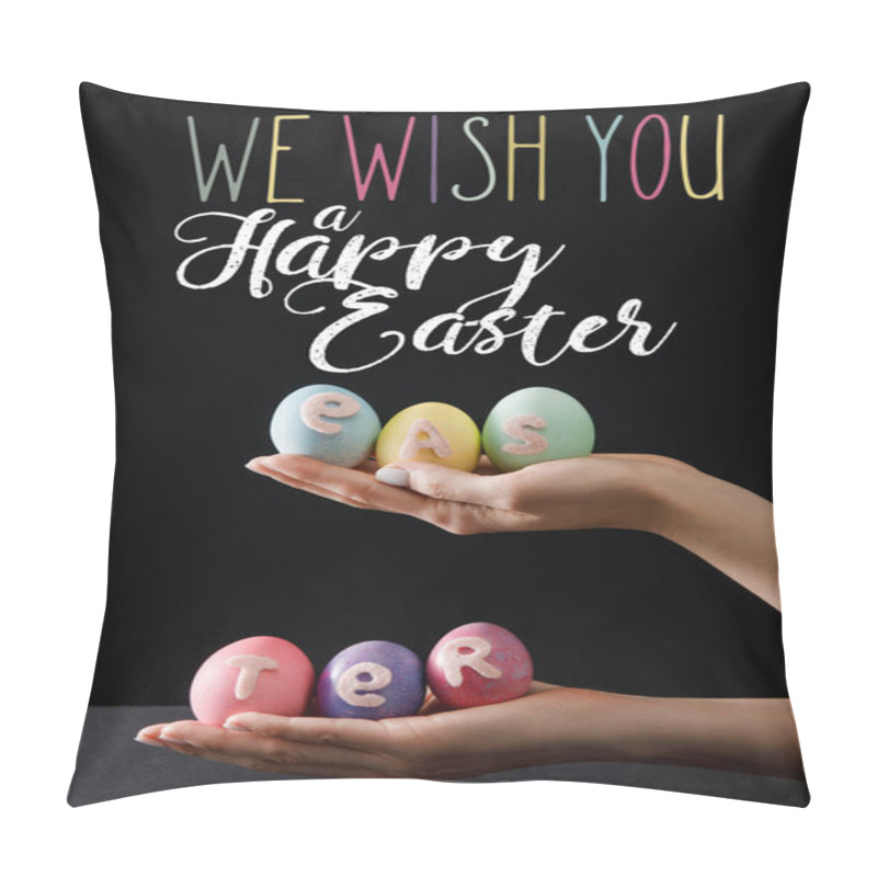 Personality  Selective Focus Of Easter Eggs On Wooden Board On Black With We Wish You A Happy Easter Illustration Pillow Covers