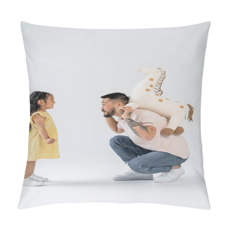 Personality  Side View Of Tattooed Asian Man Holding Toy Giraffe Near Preschooler Daughter On Grey  Pillow Covers