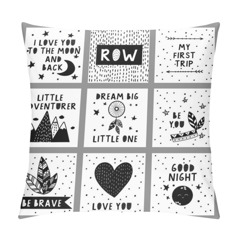 Personality  Set Of Cute Black And White Cards In Nordic Style. Hand Drawn Vector Illustration Pillow Covers