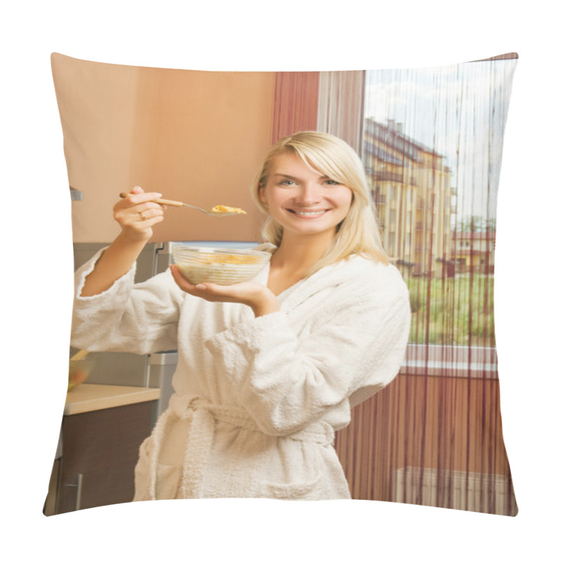 Personality  Beautiful Young Woman Eating Cornflakes With Milk In The Morning Pillow Covers