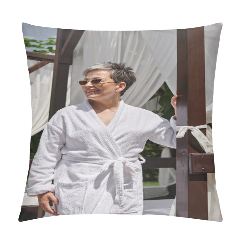 Personality  Happy Mature Woman In Sunglasses Resting In Private Pavilion, Wellness Retreat In Luxury Resort Pillow Covers