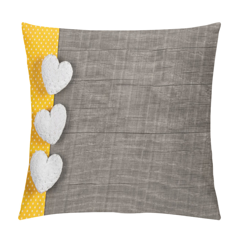 Personality  Wooden Background With Three White And Yellow Hearts On Wooden B Pillow Covers