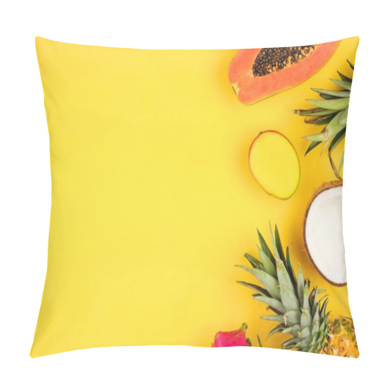 Personality  Tropical Fruit Side Border With Pineapple, Dragon Fruit, Papaya, Coconut And Mango On A Bright Yellow Background Pillow Covers