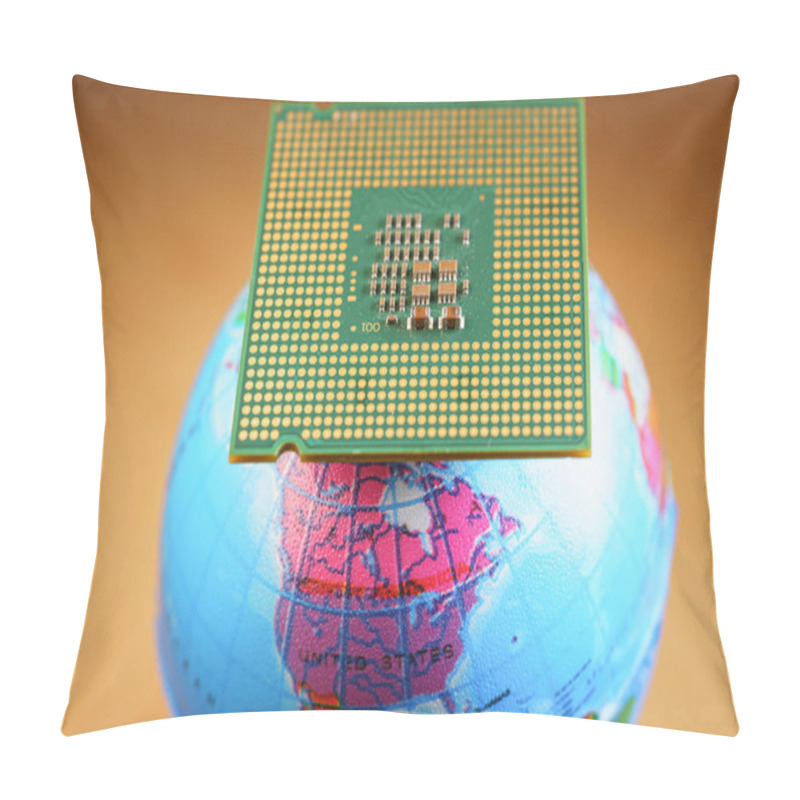 Personality  Selective Focus Of A CPU On Top Of A World Globe Against An Orange Background Pillow Covers