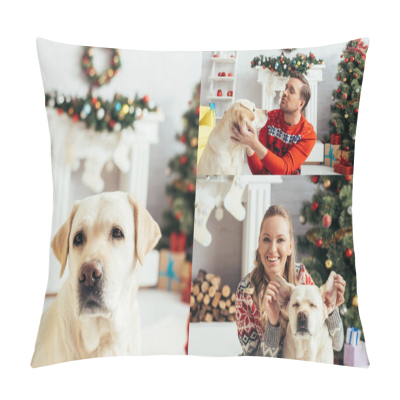 Personality  Collage Of Man Cuddling And Woman Touching Ears Of Labrador On Christmas Pillow Covers