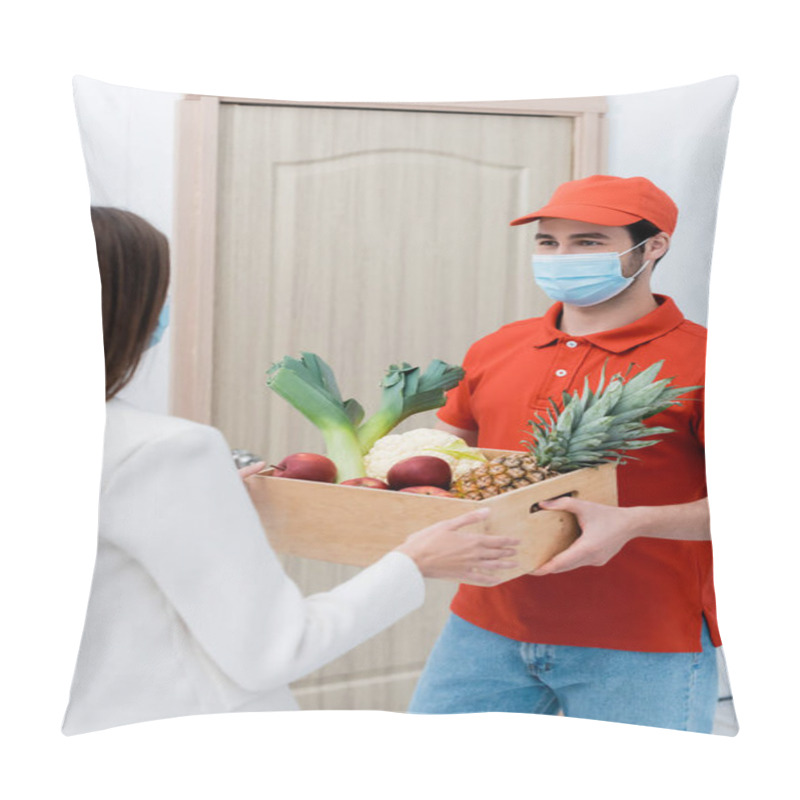 Personality  Delivery Man In Protective Mask Holding Wooden Box With Fresh Food Near Customer In Hallway  Pillow Covers