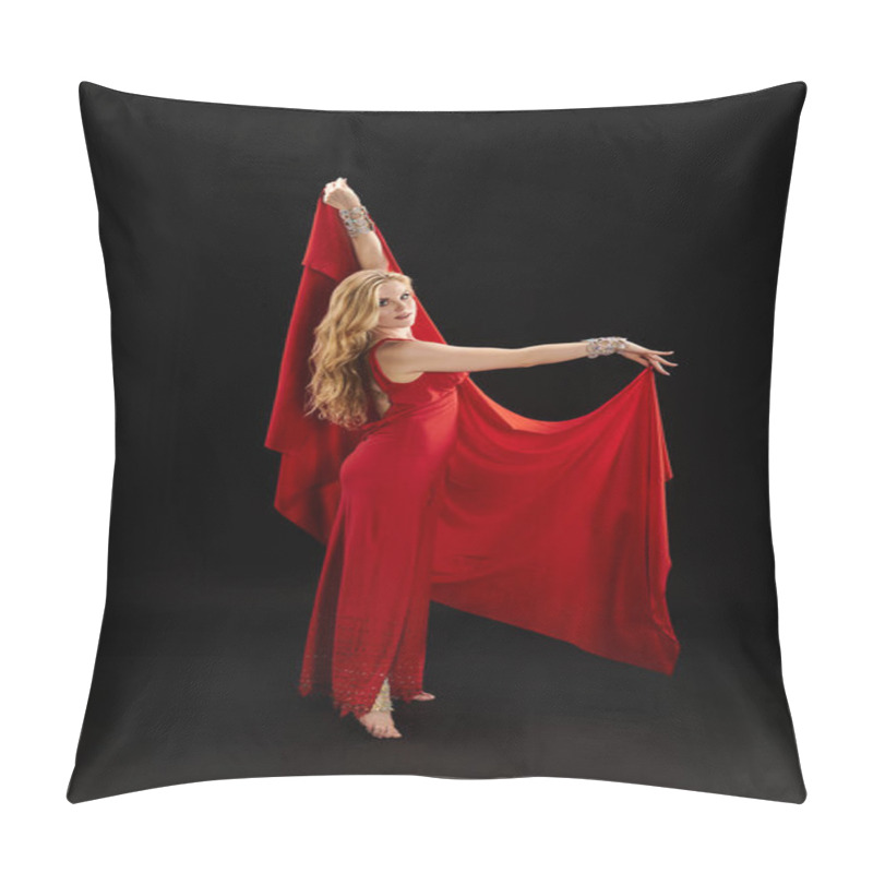 Personality  Young Woman In Red Dress Gracefully Dancing, Holding A Red Cloth. Pillow Covers