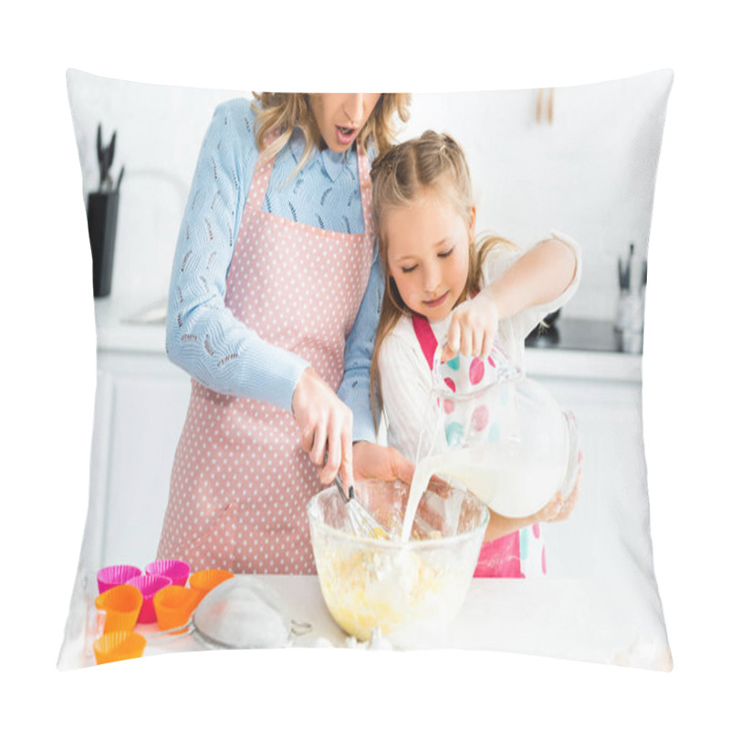 Personality  Cropped View Of Mother Cooking With Balloon Whisk And Daughter Pouring Milk  Pillow Covers