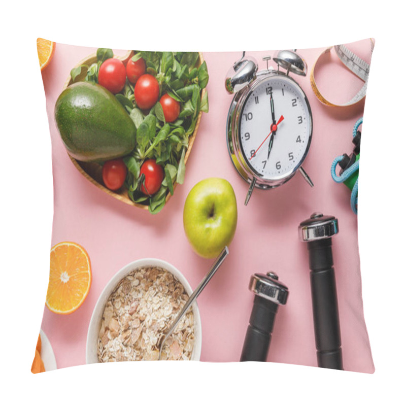 Personality  Top View Of Fresh Diet Food, Measuring Tape, Sport Equipment And Alarm Clock On Pink Background With Copy Space Pillow Covers