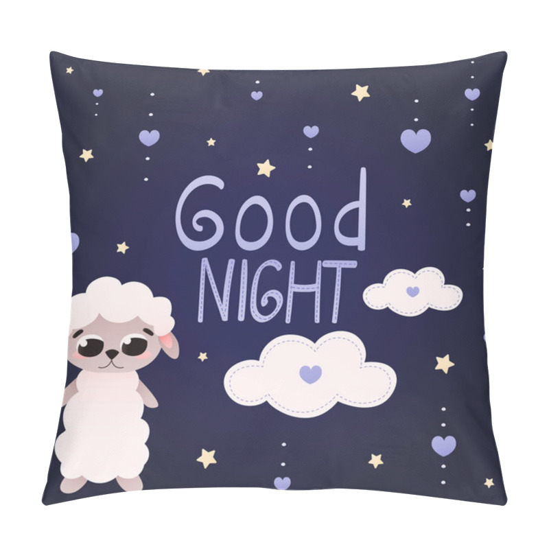 Personality  Good Night Dreeting Card For Kids With Cute Cartoon Animal Character Lamb With Clouds And Stars On Dark Background Pillow Covers