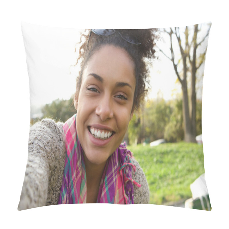 Personality  Selfie Portrait Of A Smiling Young Woman  Pillow Covers