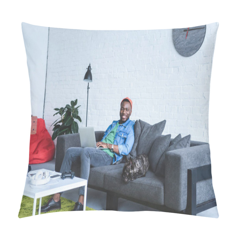 Personality  Modern Gadgets On Table In Front Of African American Man Working On Laptop And Sitting On Sofa By French Bulldog Pillow Covers