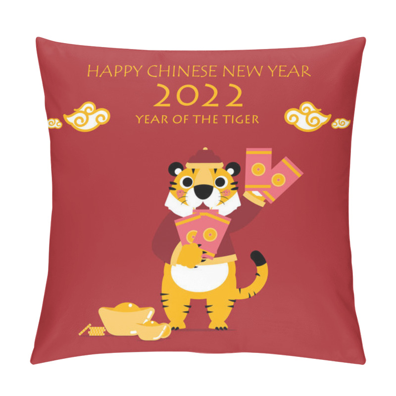 Personality  Happy Chinese New Year 2022 With Text, Year Of Tiger Zodiac, Asian Culture Festival Concept With Red Envelope And Gold In Red Background, Flat Vector Illustration Cartoon Character Design Pillow Covers