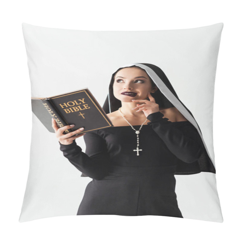 Personality  Pensive Sexy Nun In Black Dress Reading Bible Isolated On Grey Pillow Covers