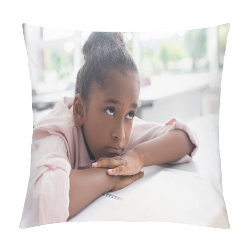 Personality  Bored African American Schoolgirl Sitting At Desk With Head On Hands During Lesson Pillow Covers