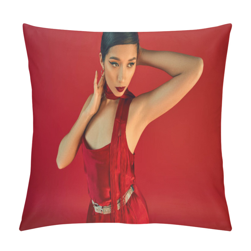 Personality  Youthful And Expressive Asian Woman With Brunette Hair And Bold Makeup, Wearing Neckerchief And Elegant Dress, Looking Away On Red Background, Gen Z Fashion, Stylish Spring Concept Pillow Covers