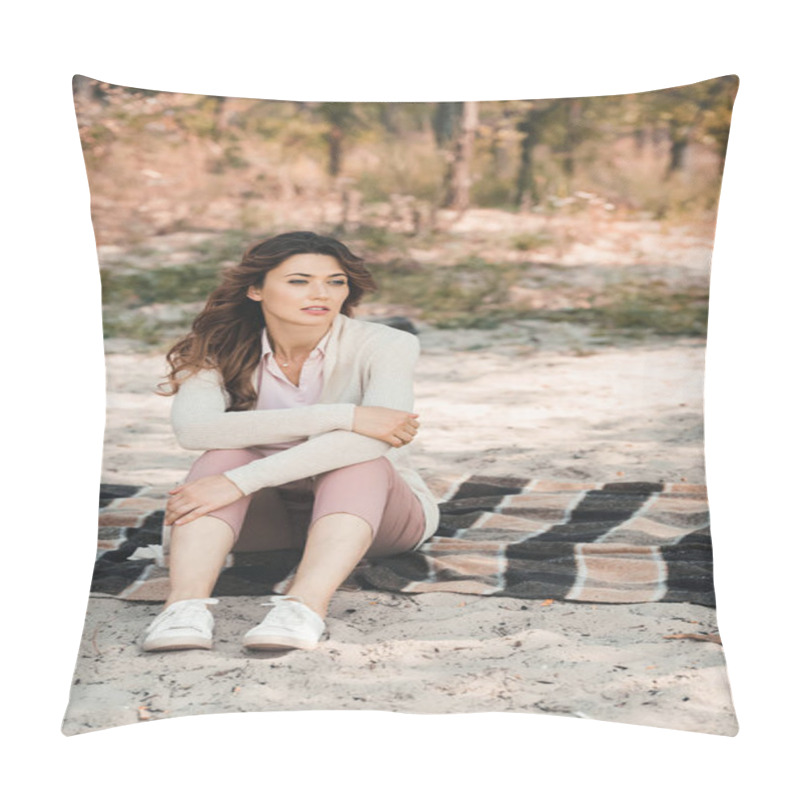 Personality  Pensive Woman Resting On Blanket Alone On Sandy Beach Pillow Covers