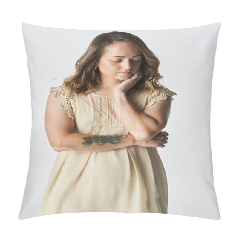 Personality  Young Woman With Vitiligo In A Cream Dress Poses Thoughtfully, Highlighting Her Beauty. Pillow Covers