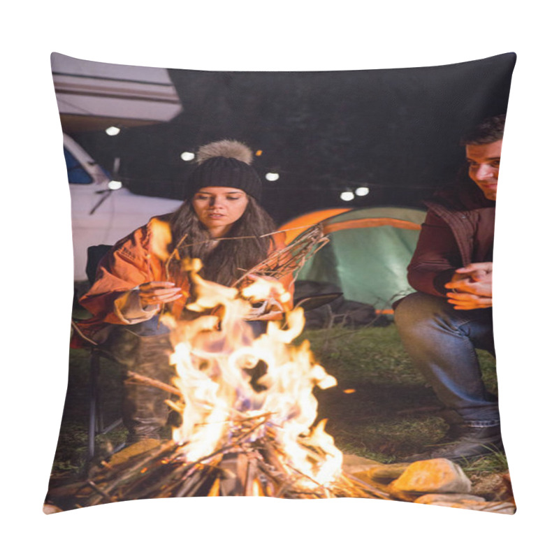 Personality  Girl With Her Friends Relaxing Together In Camp Site Pillow Covers