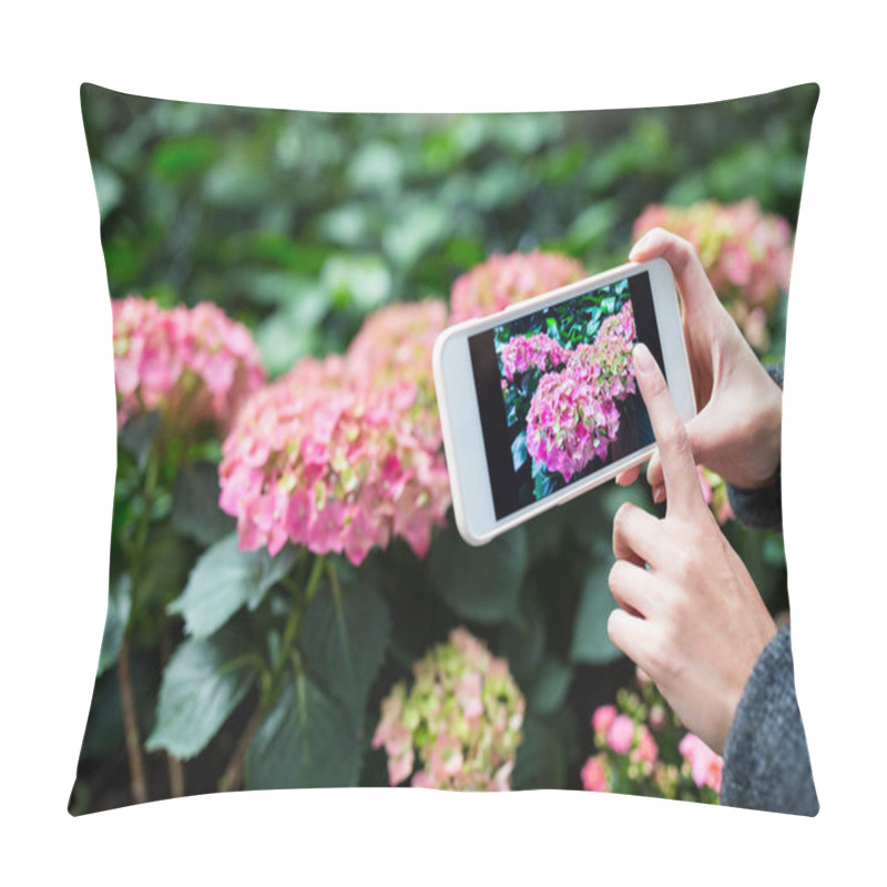 Personality  Woman Taking Photo On Hydrangea Pillow Covers