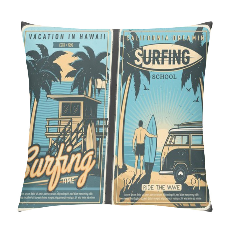 Personality  Surfing Retro Poster, Surf Beach Summer And Surfer With Surfboard, Vector. Tropical California And Hawaii Ocean Waves, Sea, Sun And Palms, Surfing School And Summer Vacations, Car Van At Island Sunset Pillow Covers