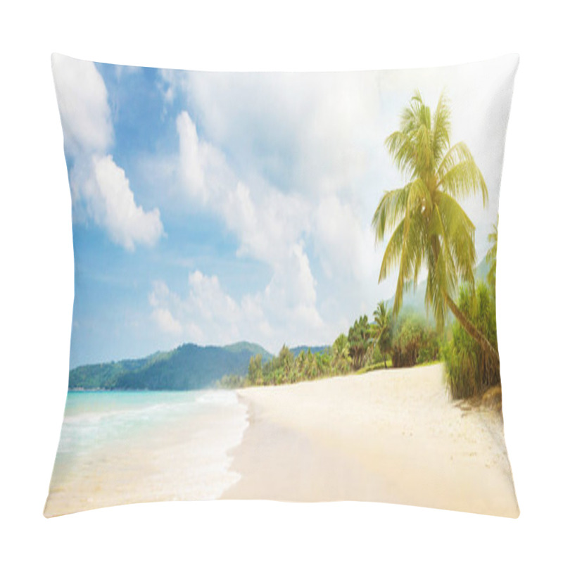 Personality  Tropical Beach With Palms And Bright Sand. Summer Sea Vacation And Travel Concept Pillow Covers